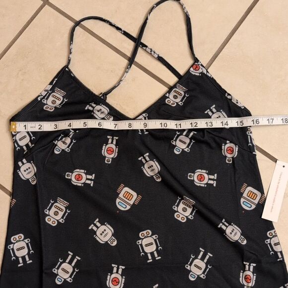 NWT ModCloth Robot Print Nightgown Dark Navy blue w black lace trim size S - Picture 6 of 10